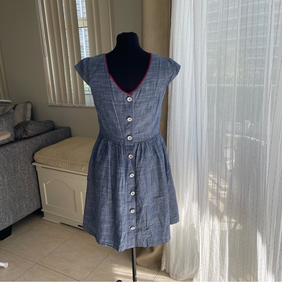 Brooks Brothers Back Button Down Scoop Neck Red Trim Blue Dress 4 - Picture 4 of 4